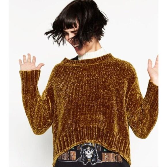 ZARA Dark Golden Brown Knit Sweater Cropped Women Size Small Long Sleeve SOFT - Picture 1 of 6